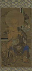 Arhat (Handaka Sonja - Panthaka) Seated; a Disciple with Lotus Blossoms at His Right, Nanbokucho Period, mid-14th Century